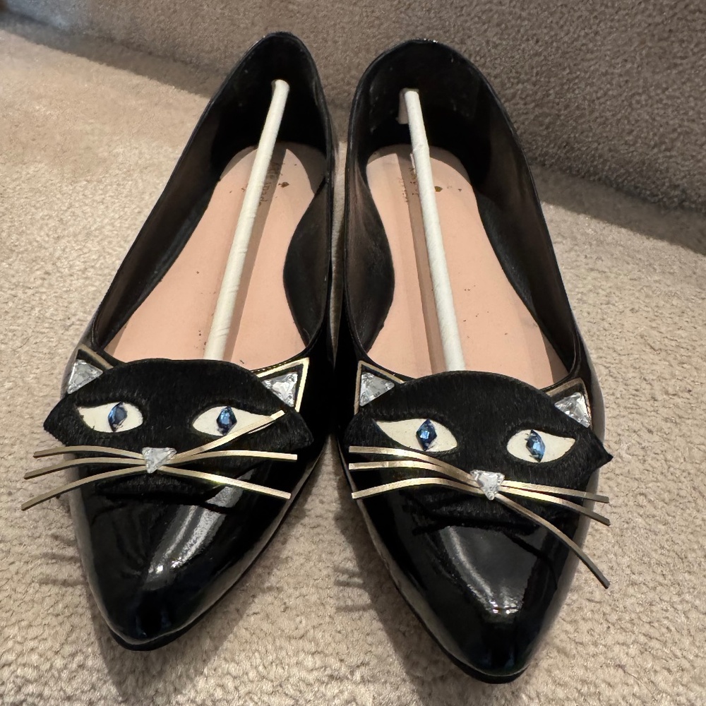 RARE kate spade NATASHA Black Patent Pointed-Toe Cat Face Flats - Picture 3 of 12